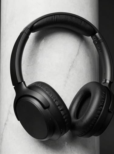 An editorial close-up photograph of a minimalist matte black wireless headphone draped over a white marble column. Crisp black and white studio lighting, stark high contrast, premium aesthetic.