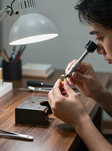 A professional jewelry designer in a modern Southeast Asian / Indonesian workshop examining a gold ring with a magnifying loupe under a bright task lamp. Premium-grade jeweler tools and micromotors are neatly organized on the dark wood desk in the background. Minimalist and elegant composition.