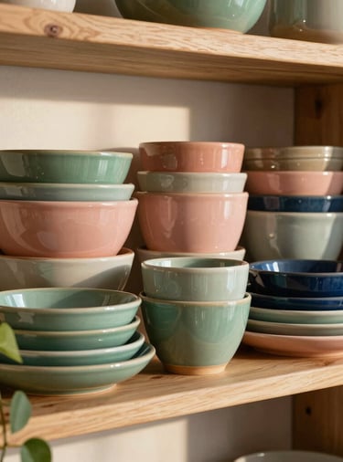 A cozy wooden shelf in a modern Orta Doğu / Türk kitchen, stacked with an assortment of colorful, hand-shaped stoneware dinnerware. Vibrant sage green, soft rose, and slate blue glazes catch the warm sunlight. A small green plant trails over the side. High-quality lifestyle photography, warm and earthy atmosphere.
