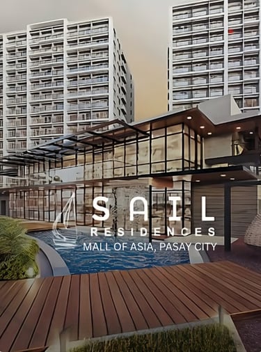 a large building with a pool and a wooden deck