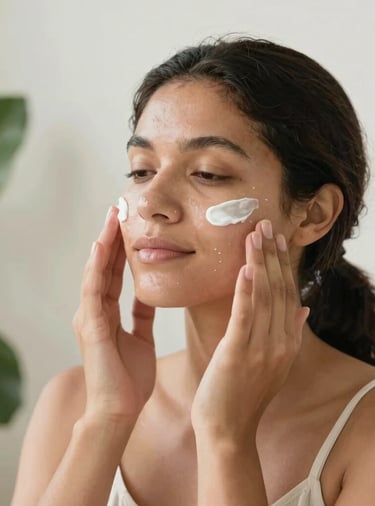 A serene, warm, natural light lifestyle photo of a South American / Brazilian person gently applying a soothing facial cream, showing a peaceful, relaxed expression. The setting is clean, minimal, with soft green plants in the background, communicating comfort, hydration, and dermato-logical care. Soft natural morning light, clean aesthetic.