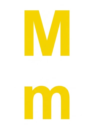 Uppercase and lowercase yellow letter M in a bold sans-serif font on a white background.