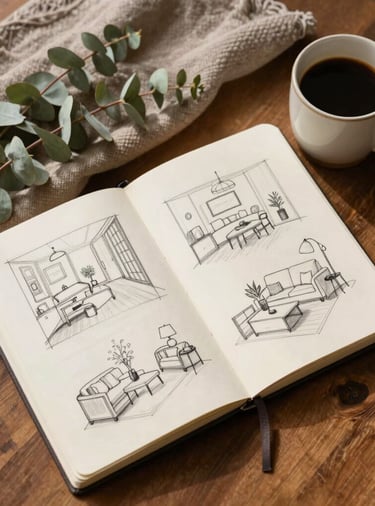 A beautiful top-down close-up shot of a stylized workspace table. There is an open journal with sketches of room layouts, a ceramic mug with coffee, a warm taupe linen cloth, and fresh eucalyptus branches. Warm morning light, sophisticated lifestyle photography, North American style.
