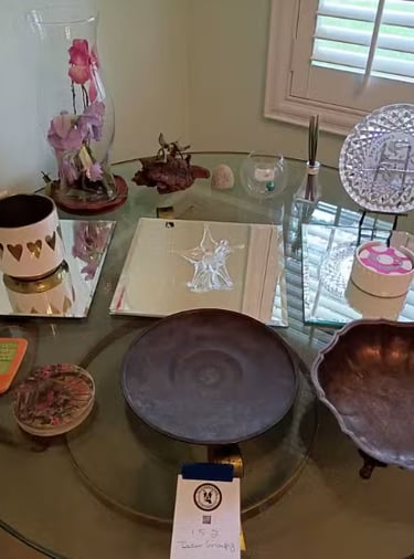  Mixed Decor Lot: Metal Bowls, Glass Ornament, Mirror Tiles The Peterson Exchange