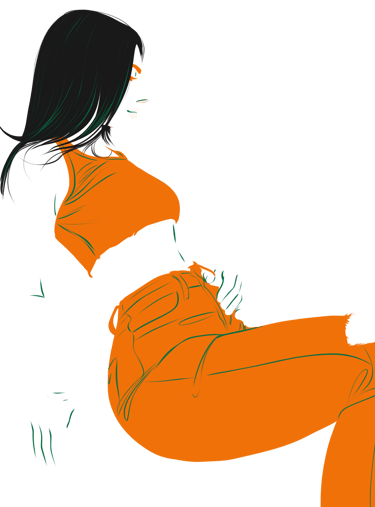 Ilustração de uma mulher sentada, pensando e um leve sorriso, olhar sereno. Regata e calça jeans laranja. Tom de pele branco 