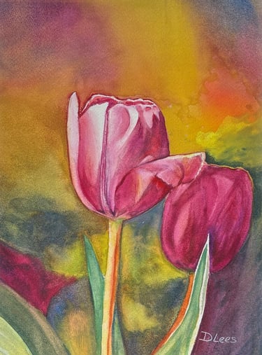 Watercolour of two pink Tulip flowers