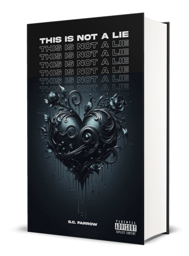 A black book cover featuring a black romantic heart entwined in roses and decorative flourishes