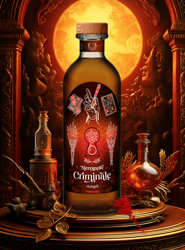 bottiglia di amaro Criminale con pozioni e foglie dorate sullo sfondo motivi orientali e la luna