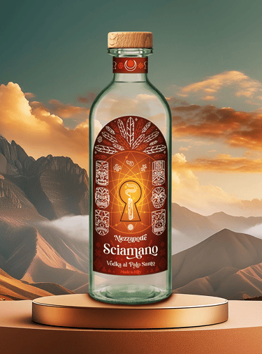 una bottiglia di vodka Sciamano, sullo sfondo un paesaggio montano illuminato dalle luci dell'alba