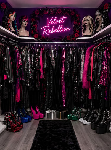 Alternative fashion walk-in closet featuring goth clothing, platform heels, and a neon Velvet Rebellion sign.