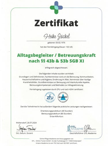 a certificate for alltagsbegleiter and betreuungskraft nach §§ 43b & 53b SGB