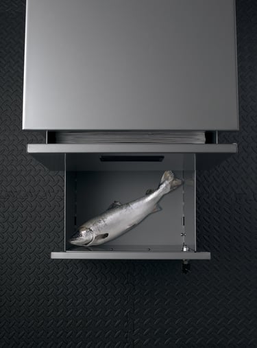 steel filing cabinet on a textured rubber floor with a fish in the open bottom drawer