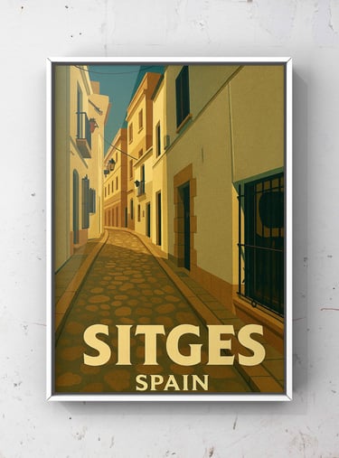 Vintage Sitges, Spain Old Town travel poster art print featuring a sunlit cobblestone street, 