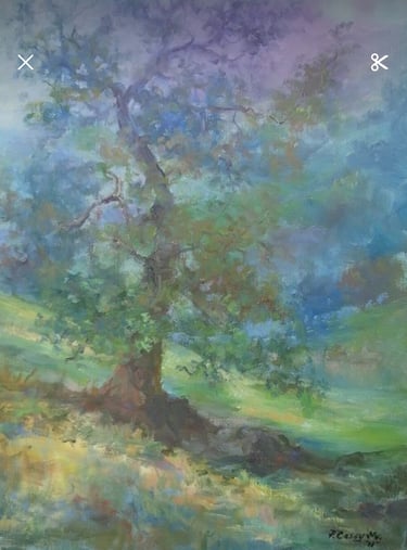 tree with a twisted trunk and dappled light oil painting