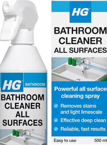 HG Bathroom Cleaner All Surfaces spray bottle for removing stains and limescale.