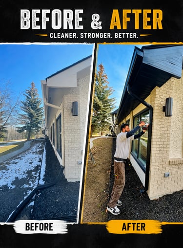 Big before-after: "Before and after full exterior makeover Calgary soffit fascia black gutters"