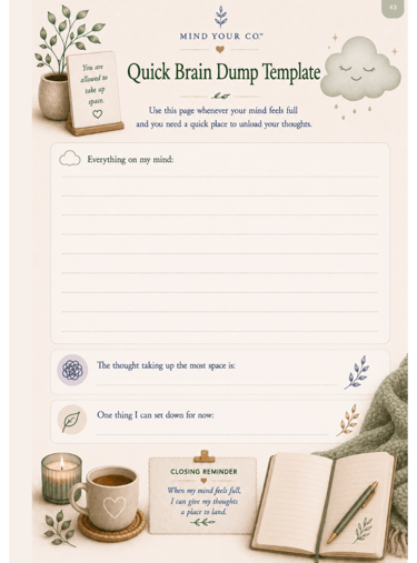Printable quick brain dump template for mental health and anxiety relief journaling.