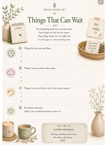 Mindfulness planner page titled Things That Can Wait with self-care prompts, botanical illustrations, and calming aesthetic.