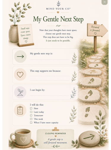 A mental health worksheet titled My Gentle Next Step with writing prompts and a stepping stone path.