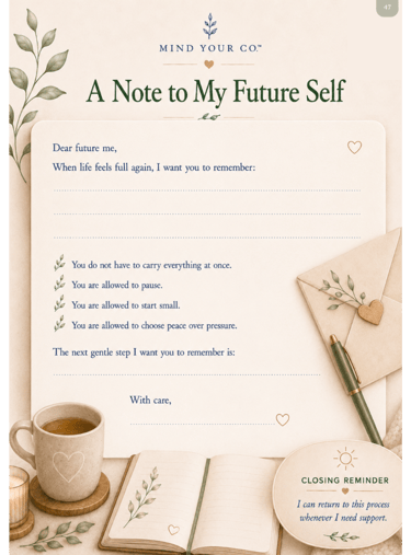 Self-care journal page titled A Note to My Future Self with mindfulness prompts, a pen, and tea.