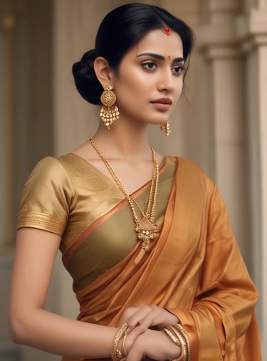 a woman in a blue dress and gold jewelry