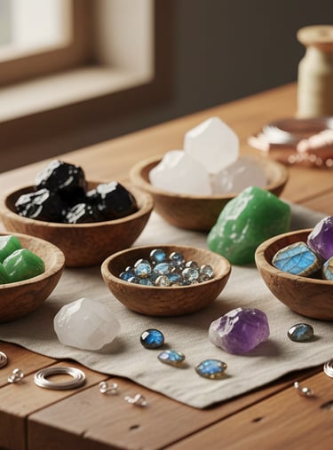 Cristales y piedras preciosas pulidas en tazones de madera sobre el banco de trabajo de un joyero