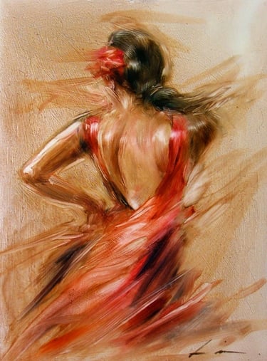 Pintura al óleo sobre tabla de una bailaora flamenca de espaldas con vestido rojo, en un movimiento dinámico y expresionista.
