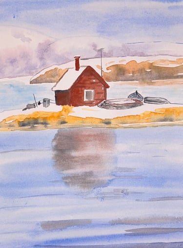 Original watercolor painting of a red cabin reflected in still water within a quiet rural landscape.
