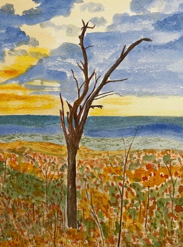 Original watercolor painting of a solitary tree leaning right in an autumn Shenandoah landscape