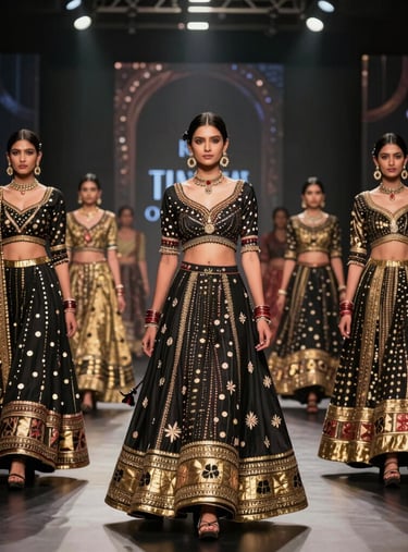 Close-up of a designer sketching intricate gold embroidery on luxurious black fabric.