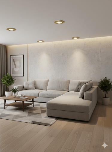 woonkamer met 4 gouden spots met reflektor