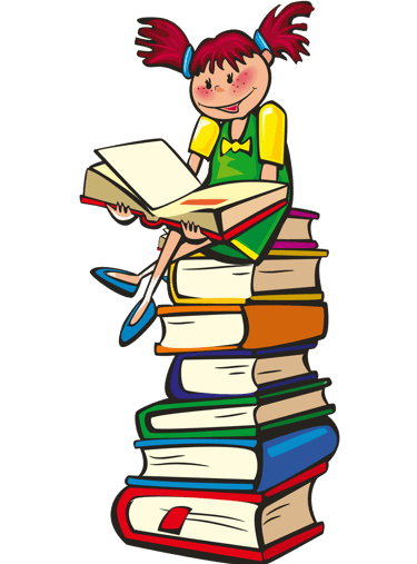 a girl sitting on a stack of books