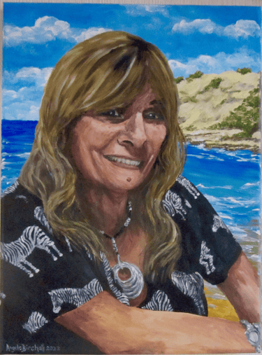 Commissioned portrait of a lady, taken from friend's photograph, painted in acrylics with background of her home in Spain