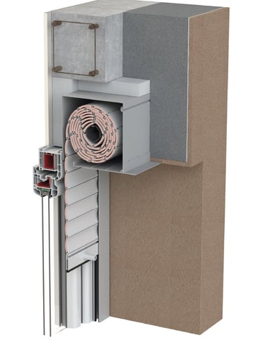 Vue technique en coupe d’un volet roulant intégré dans un mur, lame enroulée dans le caisson