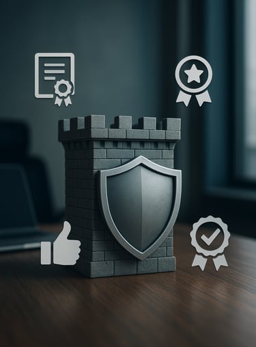 Fortaleza-digital-sólida-com-escudo-protetor-cercada-símbolos-confiança-certificados