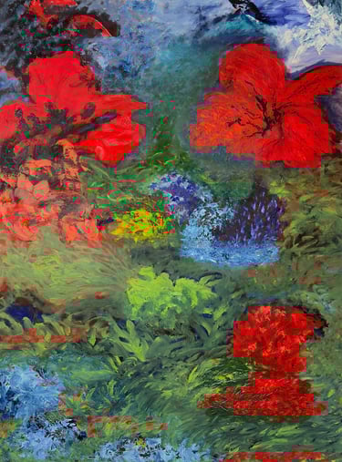 Large painting with red flowers and lush green scenery