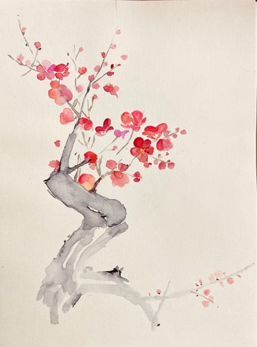Minimalist Japanese Cherry Blossom Painting | Elegant Sakura Watercolor by Weronika Kacperski