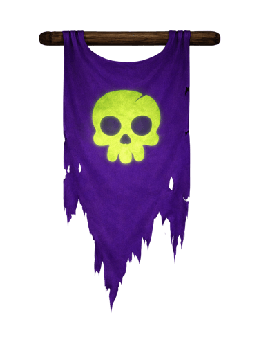 Tattered purple banner with a glowing lime green skull hanging from a wooden pole.