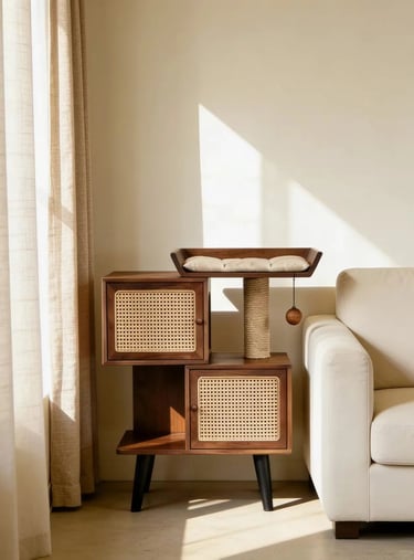 Compact wooden cat furniture beside a sofa with a soft perch, scratching post and warm natural light