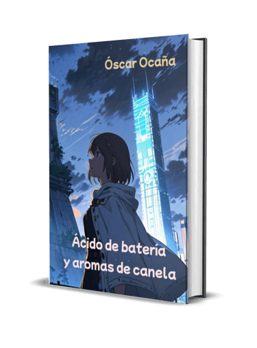 Portada en 3D del libro de Ciencia Ficción HopePunk 'Ácido de batería y aromas de canela' de Óscar Ocaña Parrón