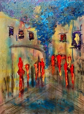 Carnavale 50.8 x 40.64 cm Acrylic poured paint & Oil on canvas In private Collection