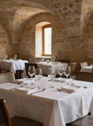 Empty restaurant table set for a tasting menu, six glasses aligned on white linen, stone arched ceiling visible above, soft golden-hour light through a narrow window, no people, formal and still