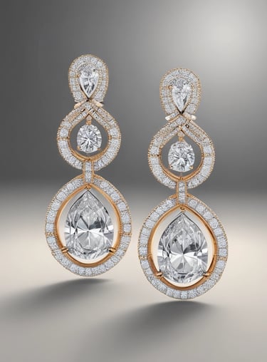 A pair of elegant earrings shimmering in black and gold tones against a dark backdrop.