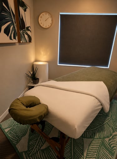 Serene massage therapy room featuring a professional treatment table with green linens and calming decor.