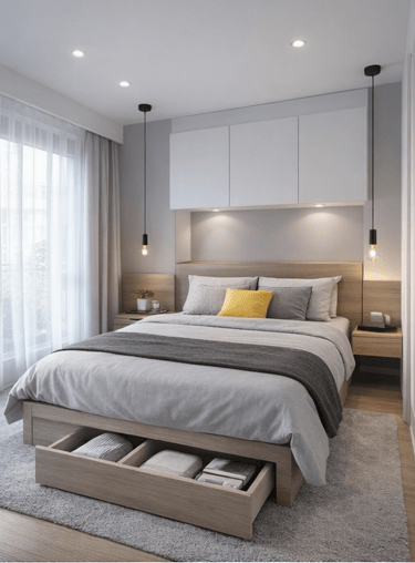 dormitorio moderno pequeño con cama con almacenamiento