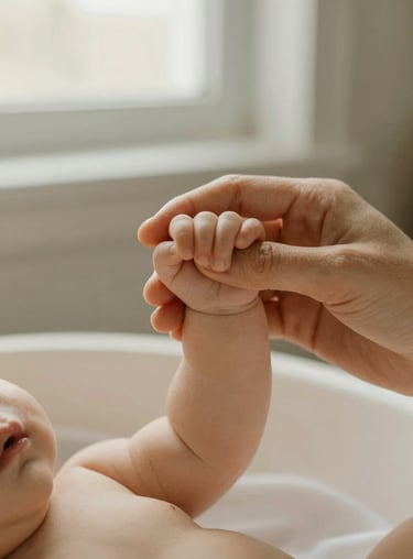 Close-up of a young mother's hands gently holding a baby's tiny hand, bathed in soft, warm natural light. Focus on the delicate textures and tender connection, shallow depth of field, warm editorial photography, soft natural window light, muted sage and ecru tones, 35mm