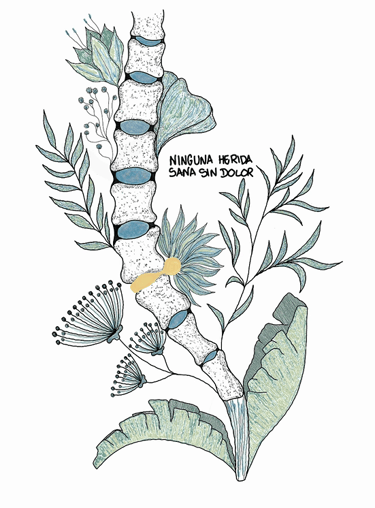 Ilustración de una columna vertebral, con flores y una hernia discal 