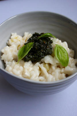 white risotto with basil pesto