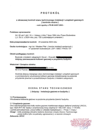 Protokół z okresowej kontroli stanu technicznego instalacji i urządzeń gazowych