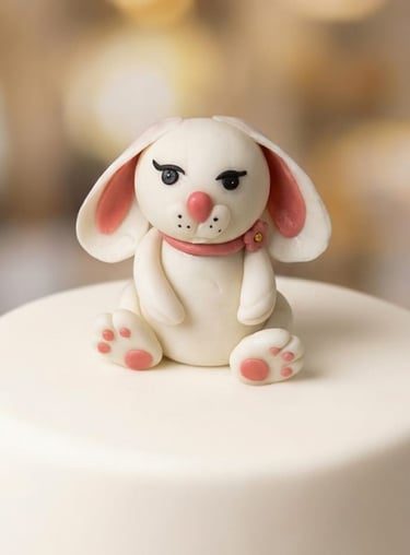 conejita bebé modelada 100% a mano en fondant por Cocina con Ely, una delicada figura decorativa 